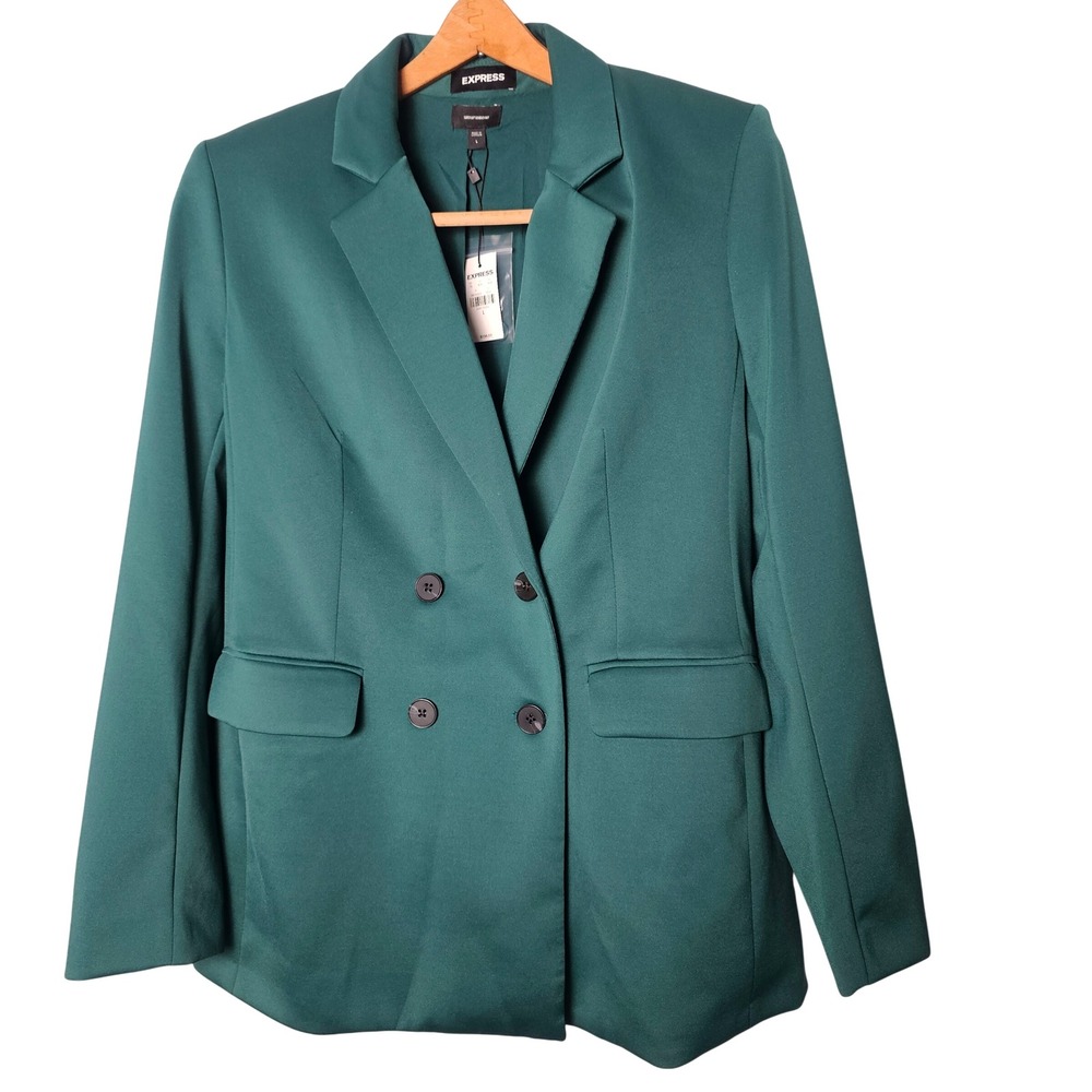 Express Womens Supersoft Double Knit Double Breasted Blazer L Emerald Green NWT